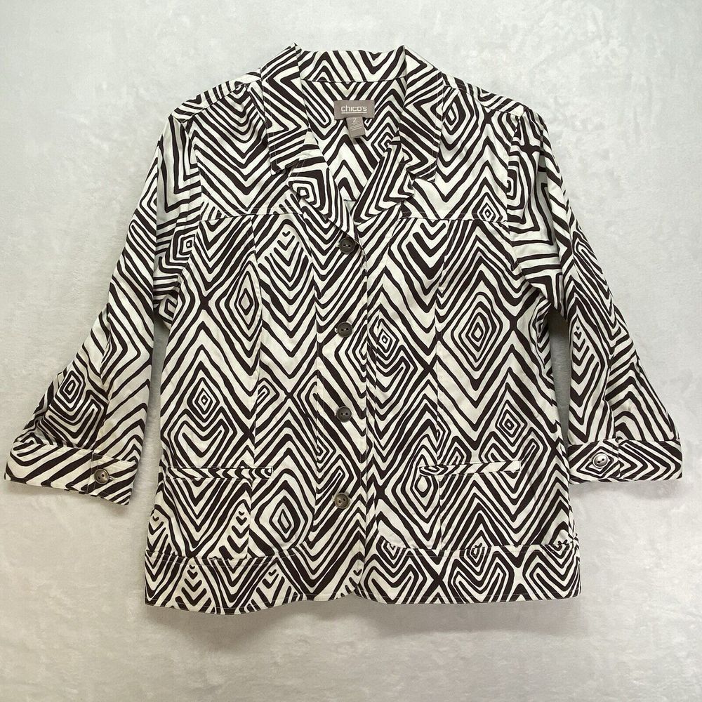 Chicos Blazer Jacket Womens 2 Large Cotton Blend brown cream geometric